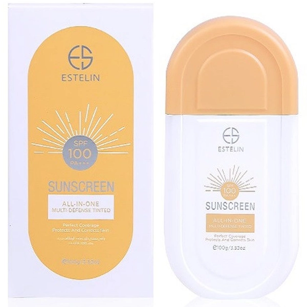 کرم ضد آفتاب استلین چند منظوره رنگی SPF100 آل این وان 100 گرم | ESTELIN SUNSCREEN All-In-One multi-Defence Tinted SPF100 100g
